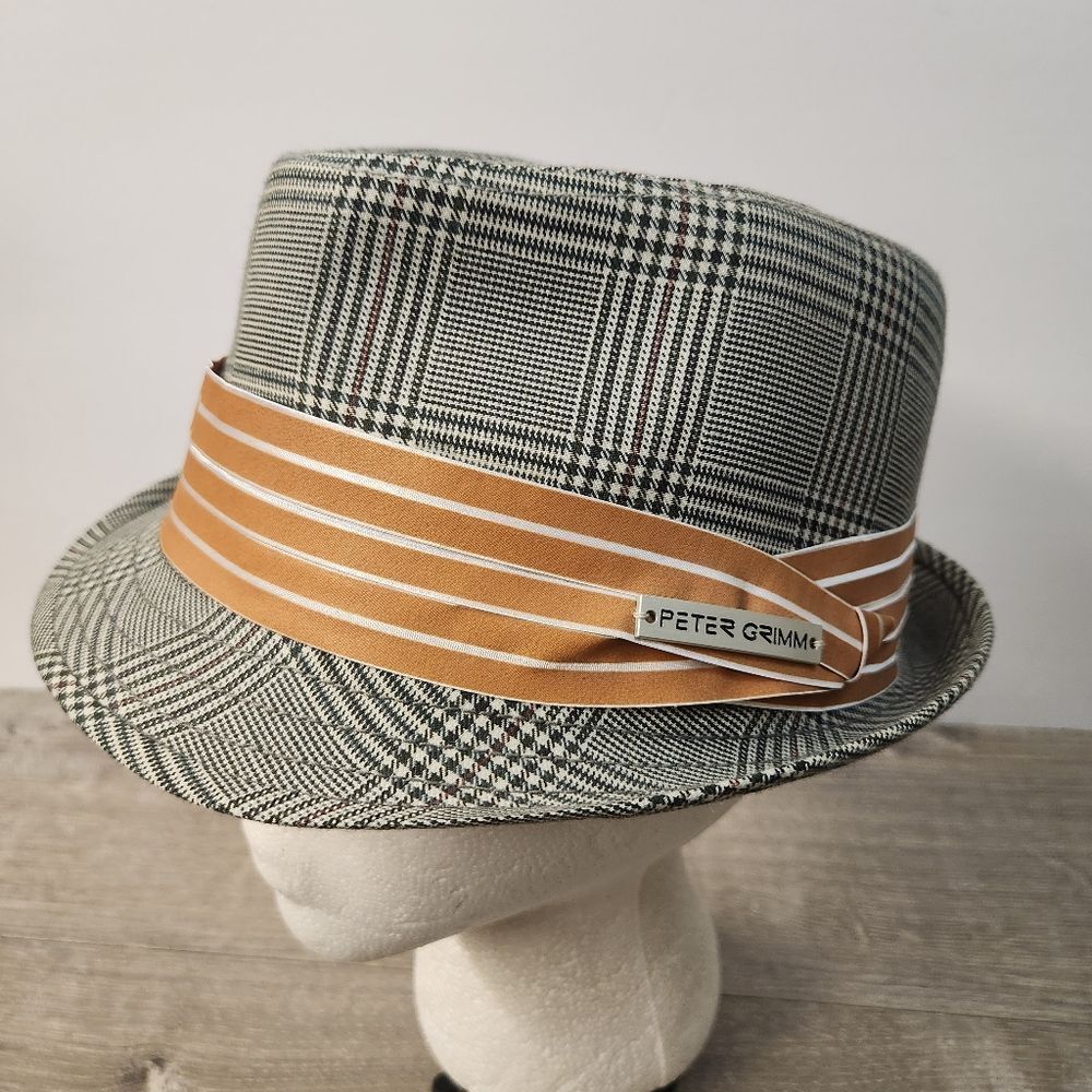 Peter Grimm Mens Fedora Hat Grey Black Plaid Size S/M Orange Hat Band Logo‎
